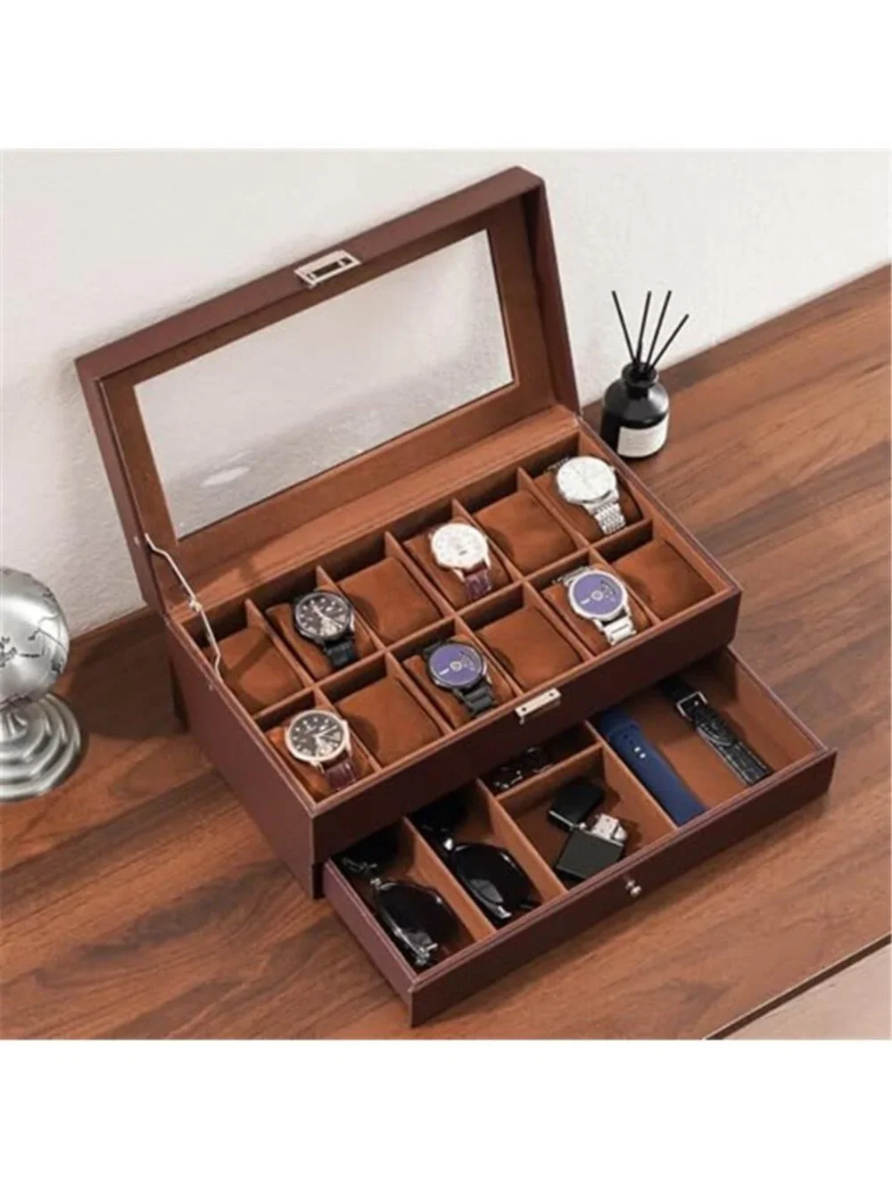 Watch Box, Fathers Day Gift for Dad, 12 Slot Mens Watch Case With